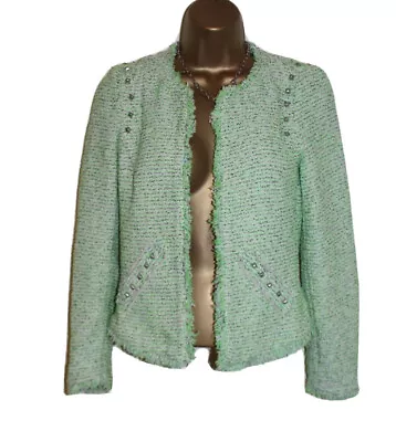 Zara Woman Jacket Coat Blazer S Mint Green White Tweed Boucle Studded UK 8-10 • $41.67