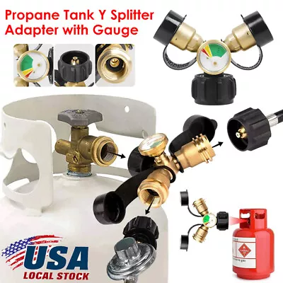 Propane Tank Y Splitter Adapter 2 Way LP Gas Adapter Tee Connector With Gauge • $17.99