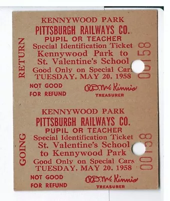 Streetcar Round-Trip School Ticket: Pittsburgh Railways Kennywood Park - 1958 • $5.99