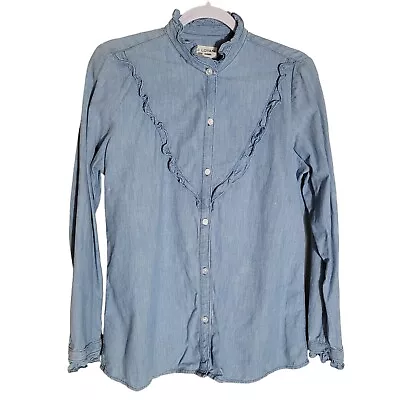 NILI LOTAN Marcella Ruffle Chambray Shirt Women's Size Medium Cotton Made In USA • $100