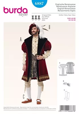 Burda Mens Sewing Pattern 6887 King Henry The 8th Fancy Dress Costume (Burda-... • £13.99