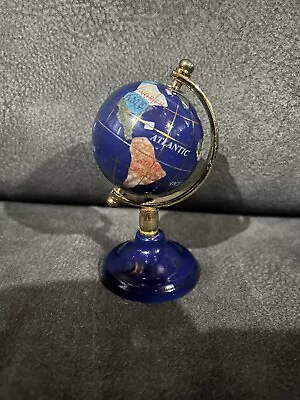 Mini Rotating Globe Inlaid Lapis Semi Precious Gem Stones Brass Stand Blue • $29.99