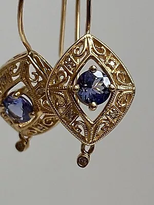 10K Yellow Gold Natural Tanzanite And Diamond Shepards Hook Dangle Earrings • $229