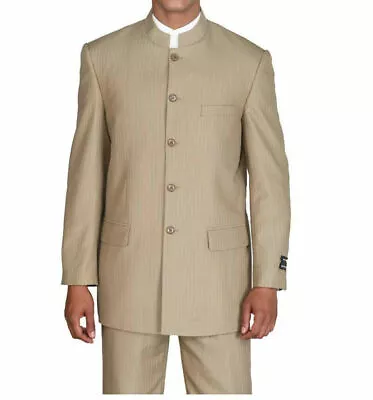 New Men's Mandarin Collar Pin Stripe Church Suit Jacket & Pants Tan 38R~60L  • $72.99