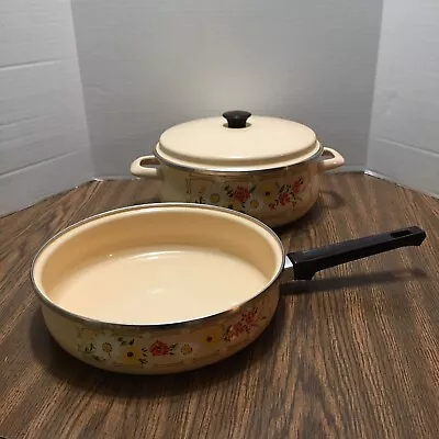 Vintage 70's Floral Flowers Enamelware Pot Pan Lid Retro Cookware Set GHC 3 Pc • $49.99