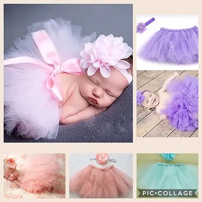 Baby Girls Newborn Tutu Skirt & Headband Set Photo Shoot Prop Pink Red Lilac • £13.49