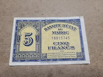 🇲🇦 Morocco  5 Francs  1943  P-24  WWII   VF  Banknote 021624-15 • $14.99