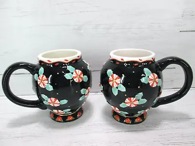 Mary Engelbreit Peppermint Candy Christmas Mug Tea Cup Set 2 Footed Black Flower • $49.97