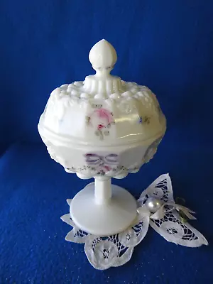 Vintage Westmoreland Roses Bows Milk Glass Covered Compote Candy Dish • $35