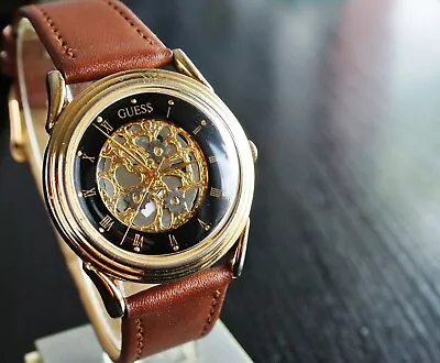 Vintage Guess 1992 Elegant Skeleton Dial Quartz Men's Golden Leather Dress Watch • $29.99