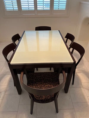 $250 • Buy Glass And Wood Dining Table 6-8 Seater Extension With 6 Chairs