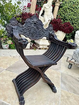 Medieval Gothic Renaissance Carved Face Throne Armrest Savonarola Chair • $989