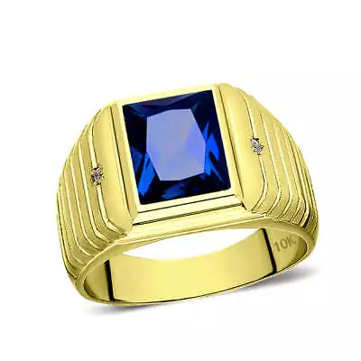 Mens Solid 10K Yellow Gold Band Ring With Blue Sapphire And 0.04ct Diamonds • $649