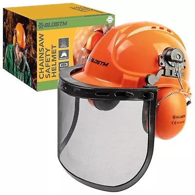 BLOSTM Chainsaw Safety Helmet Safety Steel Mesh Visor Protective Ear Muff Forest • £18.99