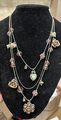 Betsey Johnson Multi Strand Dangling Pink Rhinestone Gold Tone Necklace Flower • $24.99