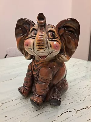 Vintage Hand Painted Ceramic Elephant Piggy Bank 10.5  Tall • $39