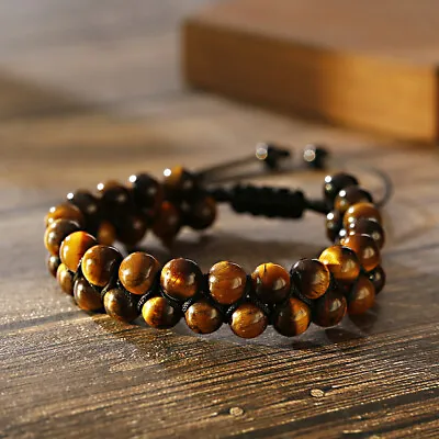 8mm Natural Stone Tiger Eye Beads Bracelet Double Row Women Men Adjust Bracelets • $8.99