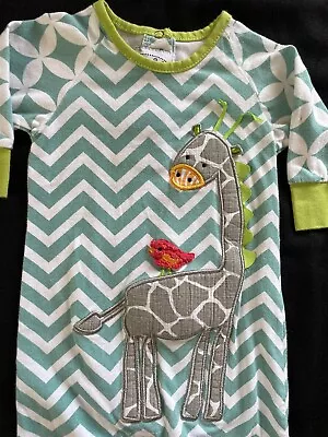 Mudpie EUC Wht/Blu/Green  Appliqué Giraffe Cotton Knit Footie-9-12 • $16