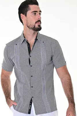 £36.89 • Buy Bohio Guayabera Style Black Gingham Pattern Cuban Shirt For Men ButtonUp MCG1372