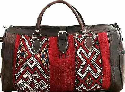 Leather  Kilim Travel Bag  Vintage Carpet Unisex Weekend Bag Dark Brown • $119