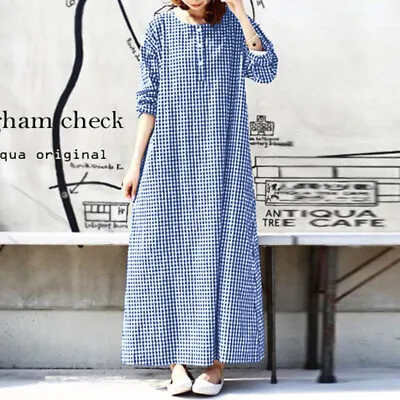 Fashion Womens Check Plaid O Neck Long Dress Casual Loose Shirt Dresse • £9.25