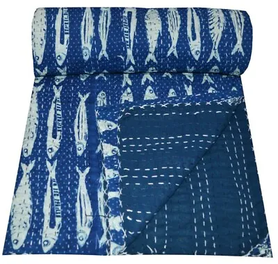 Indian Blue Indigo Fish Kantha QuiltBlanket Cotton King Size Bedspread Throw • $42.64