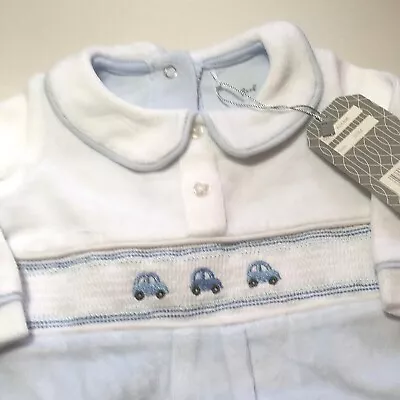 £11.99 • Buy Baby Boy Smocked Sleepsuit Baby Grow Blue Velour Car Spanish Style 0-3 3-6 6-9 M