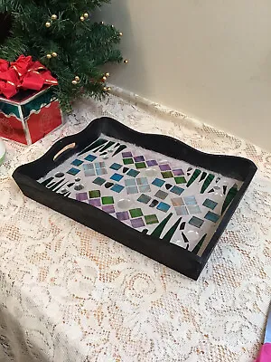 Stained Glass Mosaic Tray Black Rectangular Serving Tray W/ Handles • $55