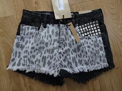 £6.99 • Buy BOOHOO Ladies Black Faded Leopard Studded Hotpants Denim Shorts UK 10 NEW NWT