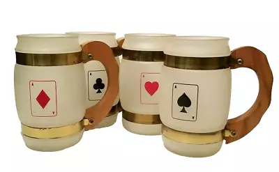 Siesta Ware Barrel Wood Handled Vintage Frosted Playing Card Mugs Set Of 4 • $24.99