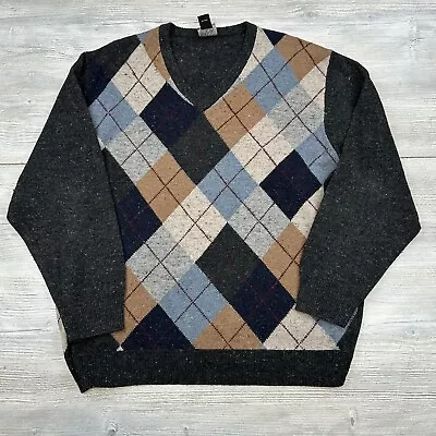 Jos A Bank Sweater Mens 2XL XXL Charcoal Gray Argyle Vneck Wool Nylon Blend • $12.79