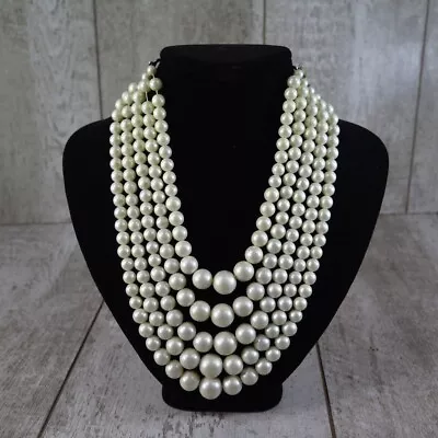 Silver Tone Clasp Multi Strand Faux Pearl Bib Necklace 16  • $25