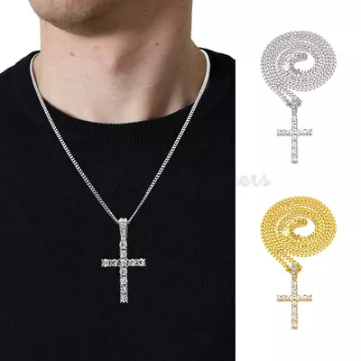 Men Women Cross Pendant Necklace Cubic Zirconia 18ct Gold Plated Stainless Steel • £4.99