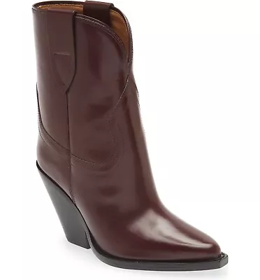 $1600 Isabel Marant Leyane Western Boot LEATHER STACKED CUBAN BURGUNDY 37 (PA11) • $799.99