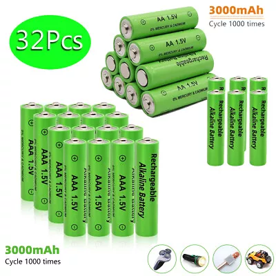 32PCS 1.5V AA AAA Alkaline Batteries 3000mAh Lithium Li-ion Rechargeable Battery • $7.99