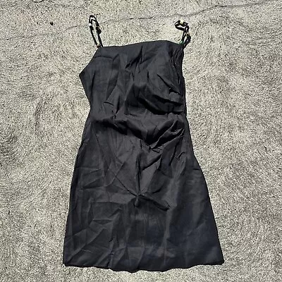Zara Linen Beaded Strappy Mini Dress Women's Medium Black Square Neck Zip Back • $19