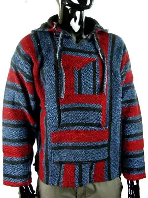 £24.90 • Buy MEXICAN BAJA JERGA HOODIE HIPPIE FESTIVAL TOP BLUE & RED Sz M L XL XXL