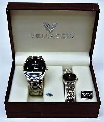 VELLACCIO His & Hers Quartz Watch Set Black Dial Stainless W/ Box • $24.95