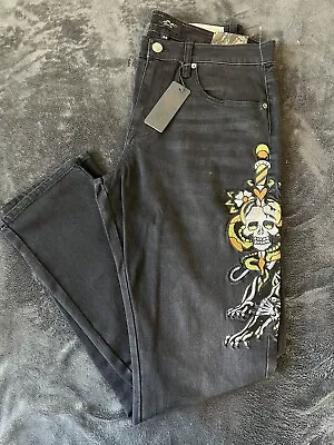 Ed Hardy Black Jeans Embroidered Skull Snake Panther Mens Size 32x32 NWT • $60