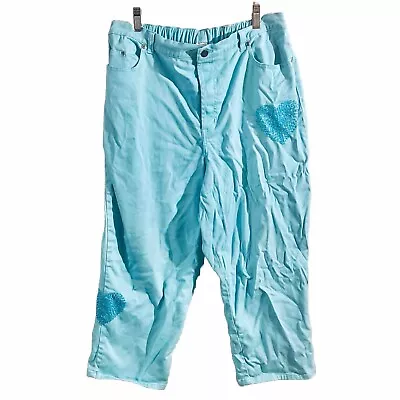 Quacker Factory Capri Pants Blue With Beaded Hearts Large Cropped • $12.74