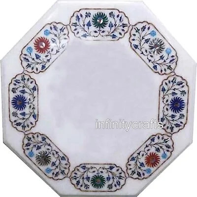 18 Inches Inlaid With Antique Design Coffee Table Top White Marble Island Table • £438.94