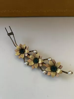 Vintage 50’s VAN DELL 12k Gold Filled On Sterling Floral Brooch Rhinestone/Pearl • $22