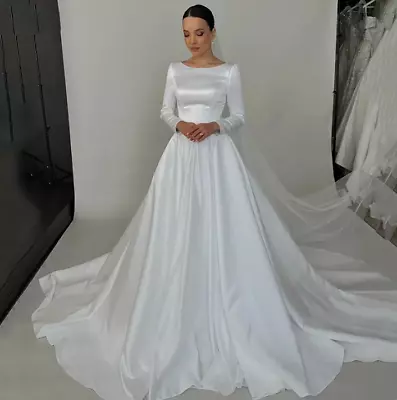 Muslim Long Sleeve Wedding Dress A Line Bride Dresses Vestidos De Novia Satin • $142.35