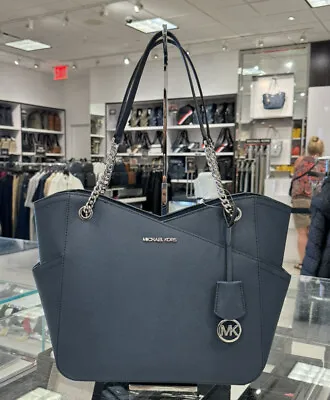 Michael Kors Jet Set Travel Large  Chain Shoulder Leather Tote Bag Navy • $134.70