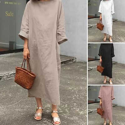 $31.64 • Buy ZANZEA Womens Cotton Linen Long Sleeve Maxi Dress Casual Nightwear Pyjamas Dress