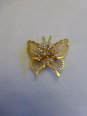 Vintage Monet  Signed Gold Plate Butterfly  Filigree Rhinestone Crystals Pin • $9.99