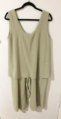 ZULU & ZEPHYR - Olive Green Woven Linen Jumpsuit Top Pants Size 12 Also Fit 14 • $39