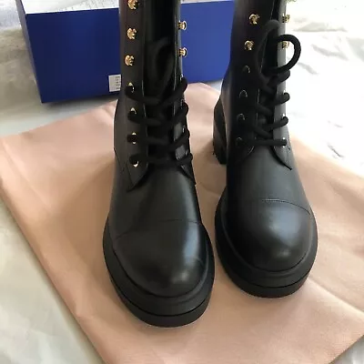 New Stuart Weitzman Women Black Nisha Leather Lace-Up Combat Boot Shoes 7C- $595 • $168