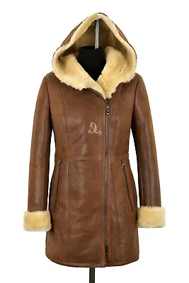 £360 • Buy Ladies Shearling Sheepskin Coat Copper Vintage Genuine Fur Hooded Long Jacket