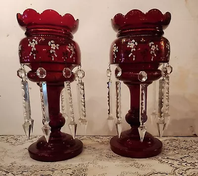 Pair Victorian Cranberry Mantle Lusters 14  Painted Flrs - Gold Trim-Prisms • $475